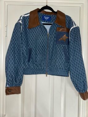 Aelfric Eden Blue Patterned Denim Zip Jacket with Brown Accent